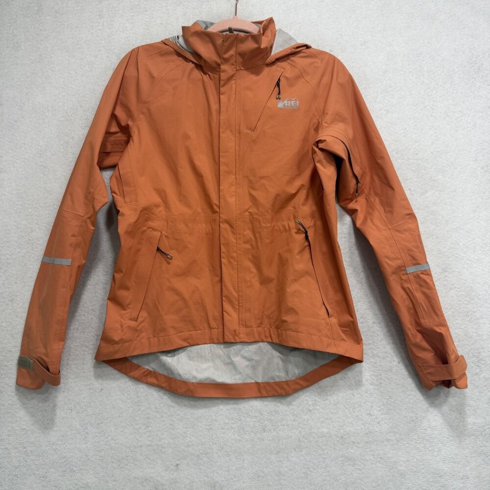 REI Co-op Jacket Womens Medium Orange Hooded Windbreaker Cycling Reflective